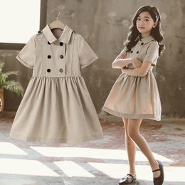 MudiPanda Summer 2021 Buttons Pleated Dress for Kids Girl Students School Clothing Short Sleeve Khaki Dress size 6 8 10 12 years Q0716