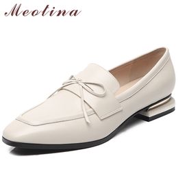 Natural Genuine Leather Shoes Women Low Heels Bow Thick Heel Pumps Fashion Square Toe Female Footwear Spring Beige Black 210517