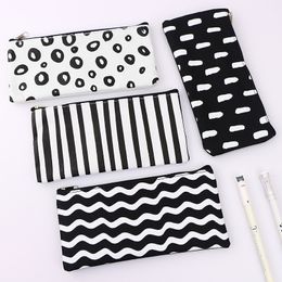 Black Striped Pencil Bag Pocket Cosmetic Pencils Pens Holder Storage Case Bags Office School Supplier DH8588