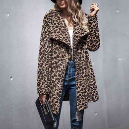 Elegant Thick Leopard Faux Fur Coat Casual Turndown Collar Long Sleeve Warm Plush Pocket Overcoat W236 210526