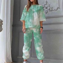 Fashion summer printed casual comfortable home pants sweat suit O-Neck print two piece set women sets womens outfit 210508