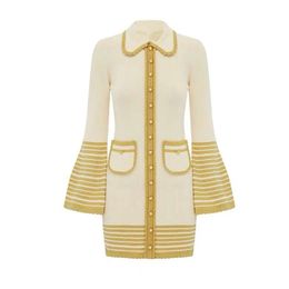 Black Yellow Gold White Striped Long Sleeve Knitted Short Mini Dress Autumn Turn Down Collar Flare D1664 210514