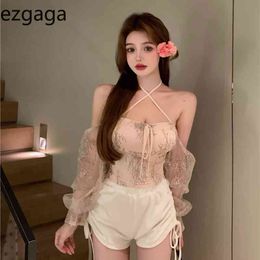 Ezgaga Sexy Lace Patchwork Blouse Women Summer New Lace-up Off Shoulder Backless Slim Korean Fashion Ins Shirts Clubwear 210430