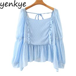Vintage Dotted Elegant Blue Tulle Blouse Women Sexy Backless Square Neck Long Sleeve Summer Tops Hem Asymmetric Sweet 210514