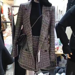 Autumn Winter Runway Designer Tweed Formal Suits For Women Office Lady Plaid Blazer Jacket Top Mini Skirt 2 Piece Set Work Dresses