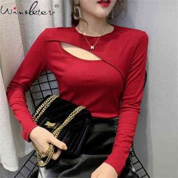 Spring Cotton T-shirt Burgundy Black White Hollow Out Slim Long Sleeve Casual T shirt Tops Tee T02501B 210421