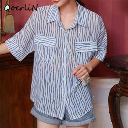 Striped Blouse Women Plus Size Summer Chic Micro-permeable Ripple Shirt Female Chiffon Top Thin Shirts Sexy 210601