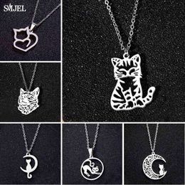 Stainless Steel Cat Necklaces Korean Kitten Jewelry Long Cat Moon Necklaces For Women Wedding Kolye Collares G1206