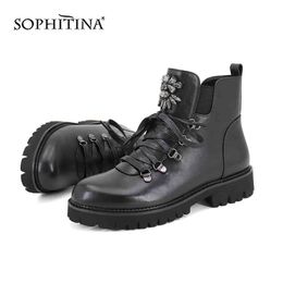 SOPHITINA Fashion Design CRYSTAL Boots Round Toe Lace-up Comfortable Solid Women's Shoes Ankle Motorcycle Boots PC388 210513