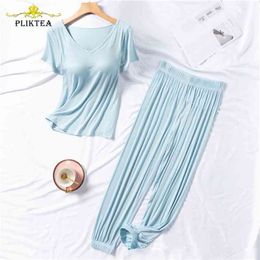 Summer 2 Piece Set Seamless Chest Pad Cotton Home Clothes for Women Pants wear Atoff Sleepwear Female Pajamas 210809