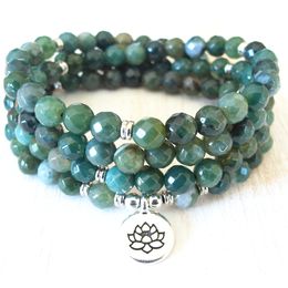 MG0678 Fashion Women`s Moss Agate 108 Mala Yoga Bracelet Natural Stone Yoga Beads Bracelet Lotus Energy Yoga Jewelry