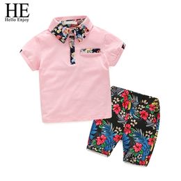 HE Hello Enjoy Kids Boys Clothes Boy Summer Clothing Sets Short Sleeves Print Tops Shirt Flower Shorts Suits Children Clothing 210326