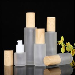 Frosted Glass Bottle Face Cream Jar with Imitated Wood Lid Lotion Spray Pump Bottles Refillable Cosmetic Container Jars 20ml 30ml 60ml 80ml 100ml