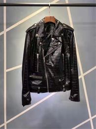 Lapel neck SP men Crocodile grain black genuine leather jackets vintage ykk zipper outerwear long sleeve slim fit racing suit