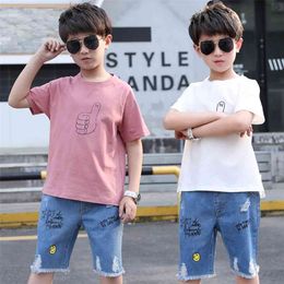 Kids Boys Clothing Set Summer Cotton Clothes Fashion White/pink Shirts + Jeans Pants 2 Pcs Children Sports Suit Toddler 210622