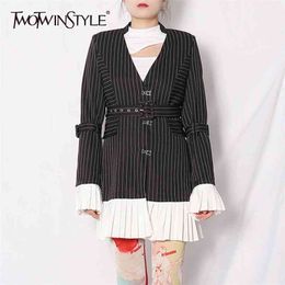Temperament Striped Blazer For Women Notched Long Sleeve Sashes Patchwork Pleated Casual Blazers Female Fashion 210524