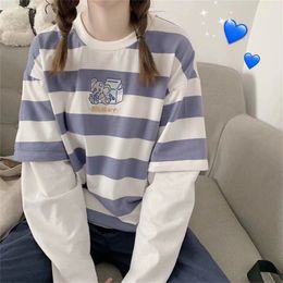 Korean loose stripe fake two long sleeve t-shirt female student BF fashion leisure college clothes autumn 210623