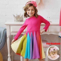 2022 Princess Girls Dress + Headband Winter Rainbow Long Sleeve Cotton Colour Block Cute Baby Girl Cotton Party Dresses for Kids G1215