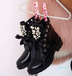 Wholesale-Boots Fashion Ladies Black Ankle Pearl Ribbon Decorated Non-Slip Women's Casual Comfortable Short Booties