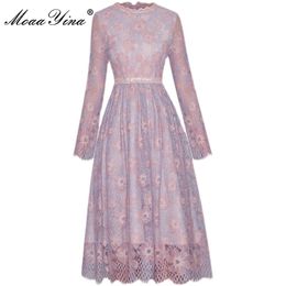 Fashion Designer Summer Midi Dress Women Lace Long sleeve Embroidered High waist Vintage Party Vestidos 210524