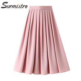 SURMIITRO Summer Fashion Midi Long Skirt Women Korean Style Elegant Pink High Waist Mid-Length Pleated Skirt Female 210712
