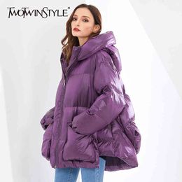 Casual Splicing Pocket Parkas For Women Hooded Collar Long Sleeve Korean Solid Cotton Coat Female Winter Clothe 210524