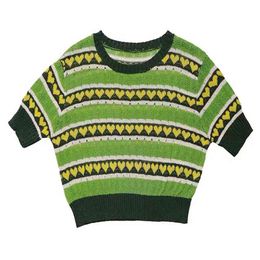 Green Striped Patchwork Heart Knitting O Neck Short Sleeve Tees Tops T Shirt Casual Women Female B0647 210514