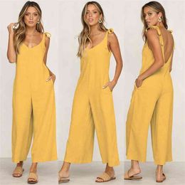 Summer Jumpsuit Cotton Linen High Quality Loose women's s Rompers Casual Overalls Strap Solid Romper 210514