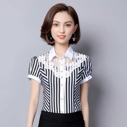 Office Work Wear Women Spring Summer Style Chiffon Blouses Shirts Lady Casual Striped Lace Hollow Out Blusas Tops DF1946 210609