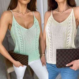 Woman Hollow Out Knitting V Neck Vest White Camisole Top Crop Summer Female Light Green Outfit Tops Clothes Vetement Femme 2022 Y220308