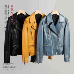 Nerazzurri Spring Short Yellow Black Blue Leather Biker Jacket Women Long Sleeve Zipper Autumn Faux Leather Jackets for Women 211118