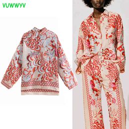 VUWWYV Women Shirts Red Print Oversized Button Up Woman Summer Long Sleeve Plus Size Tops Collared Female 210430