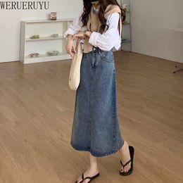 WERUERUYU Vintage Women Denim Midi Skirt Split Front Mid- Length Buttoned High Waist Pencil Jean Skirt 210608