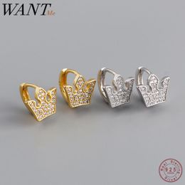 Stud WANTME Trendy Genuine 925 Sterling Silver Princess Crown Pave CZ Ear Hoop Earrings For Women Party Wedding Jewelry Gift
