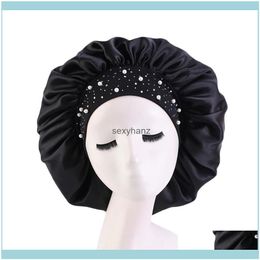 Beanie/Skl Hats Caps Hats, Scarves & Gloves Fashion Soild Color Rhinestones Pearl Decoration Satin Bonnet With Elastic Band Soft Night Sleep