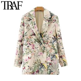 TRAF Women Fashion Office Wear Floral Print Blazer Coat Vintage Long Sleeve Pockets Female Outerwear Chic Tops 210930