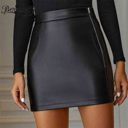 Benuynffy Black Zipper High Waist Short Skirt Women Sexy PU Leather Club Wear Mini s Autumn Winter Female Bodycon 210629