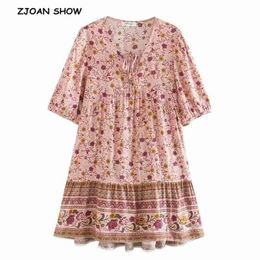 BOHO Lacing up V neck Pink Camellia Floral Print Half Sleeve Dress Retro Spliced Pleated Mini Short Dresses Holiday Vestido 210429