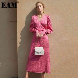[EAM] Women Pattern Printed Long Elegant Dress V-Neck Long Sleeve Loose Fit Fashion Spring Autumn 1DD80510 210512