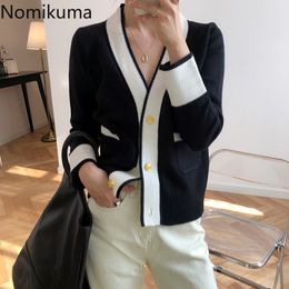 Nomikuma Contrast Color Patchwork V Neck Casual Cardigan Single Breasted Long Sleeve Vintage Fashion Knitted Sweater Women 3b727 210514