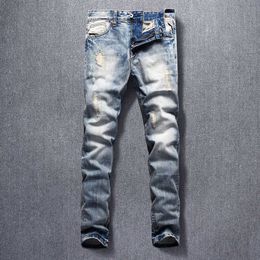 Italian Style Fashion Men Jeans High Quality Embroidery Designer Ripped Denim Pants Light Blue Patchwork Hip Hop Long Trousers