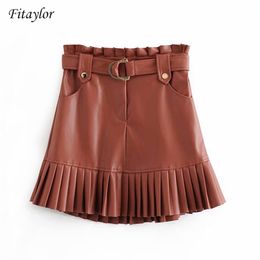 Fitaylor Women Chic PU Leather Pleated Skirt Ruffles Tie Belt Waist Pocket Zipper Fly Ladies Elegnt Mini s Jupe Femme 210629