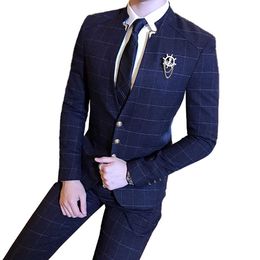 ( Jacket Pants ) High-end Brand Casual Business Mens Slim Suit Plaid Groom Wedding Dress Male Formal Stand Collar Suits 2pcs Set X0909