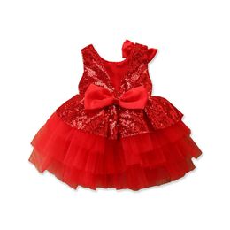 1-6Y Toddler Baby Girls Party Dress Big Bowknot Sequined Solid Lace Tutu Princess Dress Sundress 4 Colours Q0716