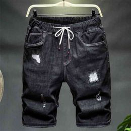 Plus Size 6XL 7XL 9XL 10XL Men's Ripped Loose Denim Shorts Summer Black Blue Drawstring Short Jeans Male Brand Clothes 210716