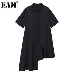 [EAM] Women Black Irregular Temperment Shirt Dress Lapel Short Sleeve Loose Fit Fashion Spring Summer 1DD8693 21512