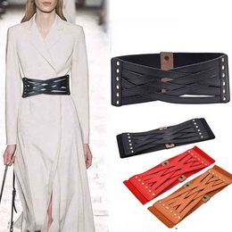 Women Fashion Wide Belts For Ladies PU Leather Slimming Body Dress Belt Elastic Black Corset Waistband Female Cummerbunds G220301