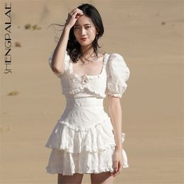 White Embroidery Beach Dress Women's Summer Square Collar Waist Short Sleeve Backless Mini Dresses Female 210427