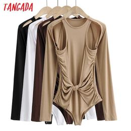 Tangada Women Solid Shoulder Off Bow Playsuits Long Sleeve O Neck Rompers Ladies Sexy Chic Jumpsuits 4P34 210609