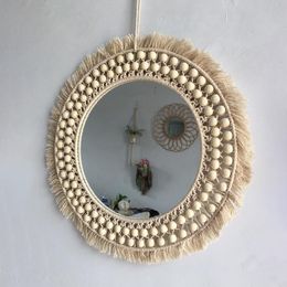 Mirrors Rattan Mirror Round Lace Woven Living Room Wall Hanging Hand-made Dressing Bathroom Home Decoration